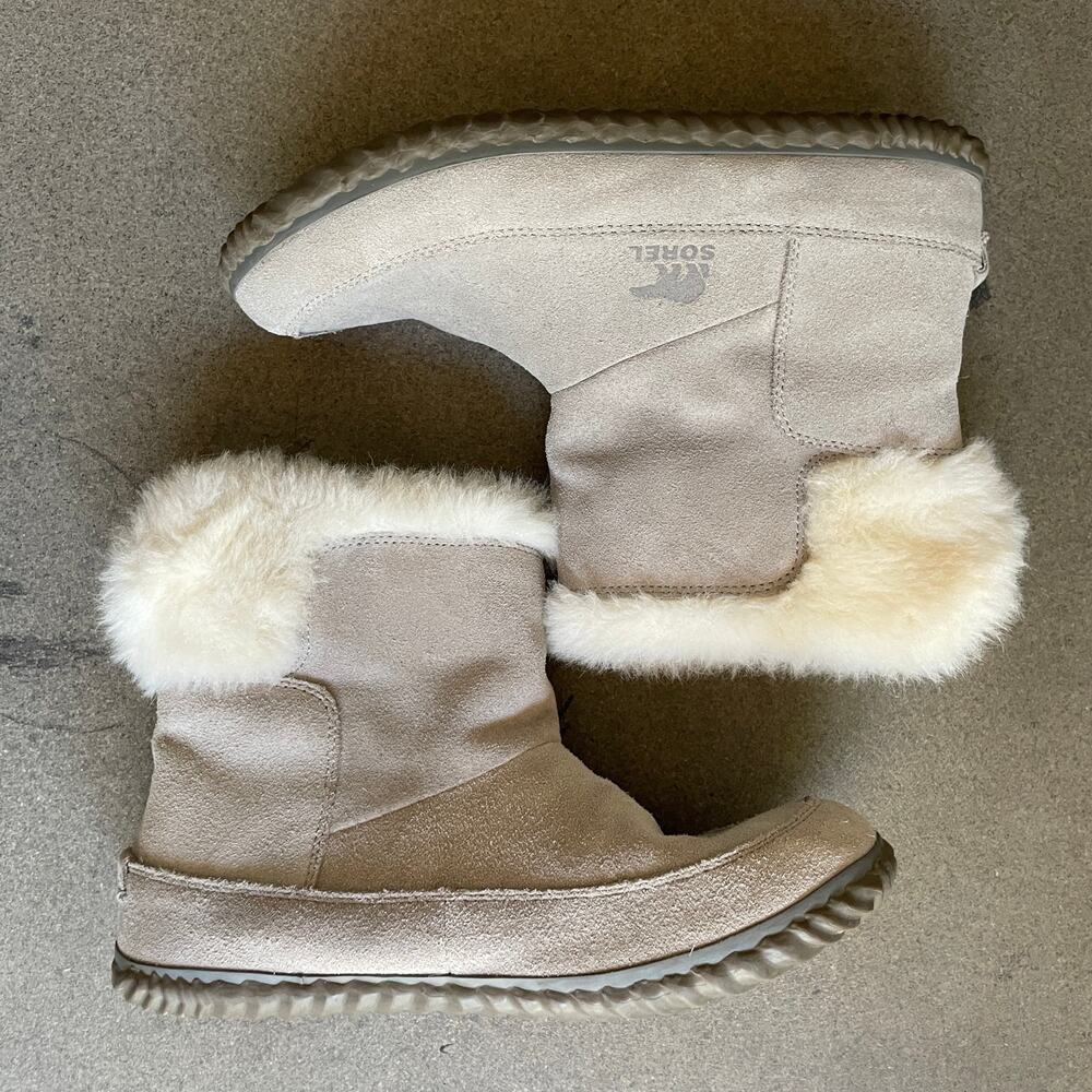 Sorel Out N About Bootie Faux Fur Suede Boots Beige Women’s 10
